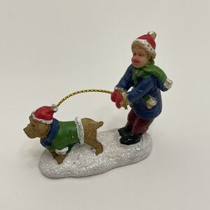 Celebrations Boy Walking Dog  Christmas Village Figurine 2 Inches Tall